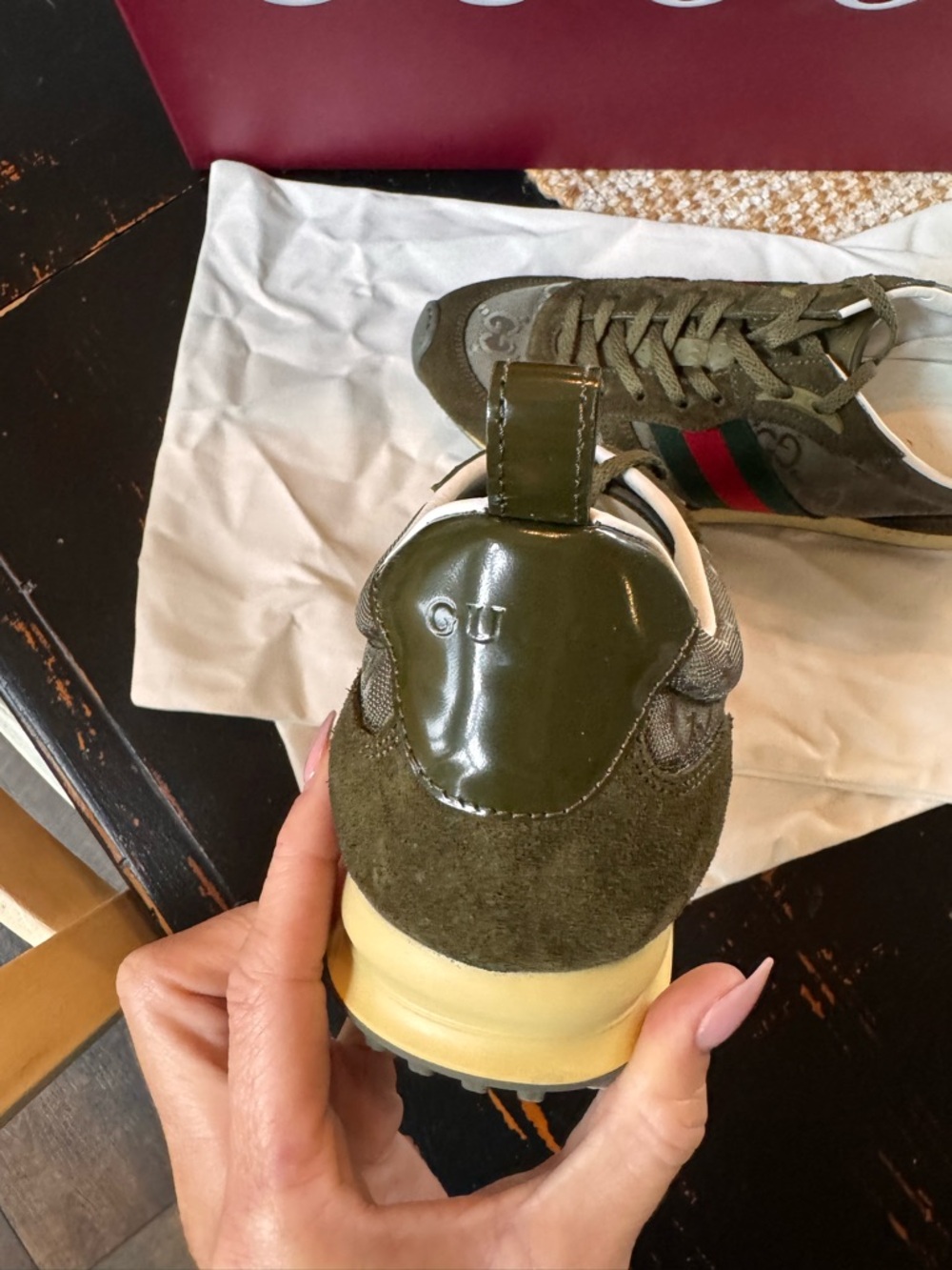 Gucci Olive Suede Runner with Red-Green Web Stripe - Picture 4 of 8